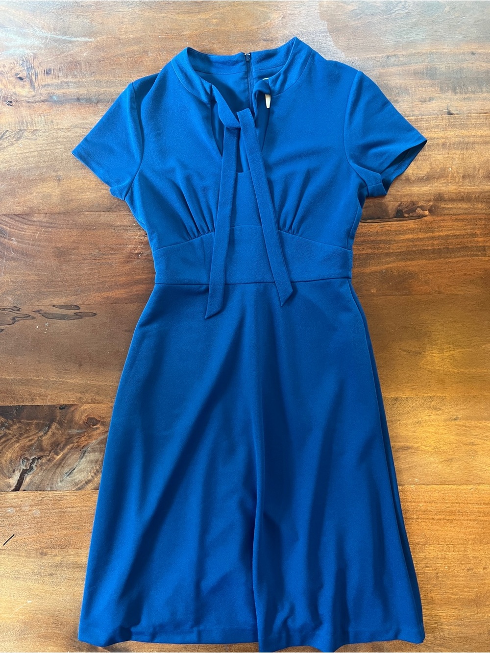 ModCloth Women’s Blue Fit & Flare Tie Neck Cap Sleeve Knit Dress Lined Sz S